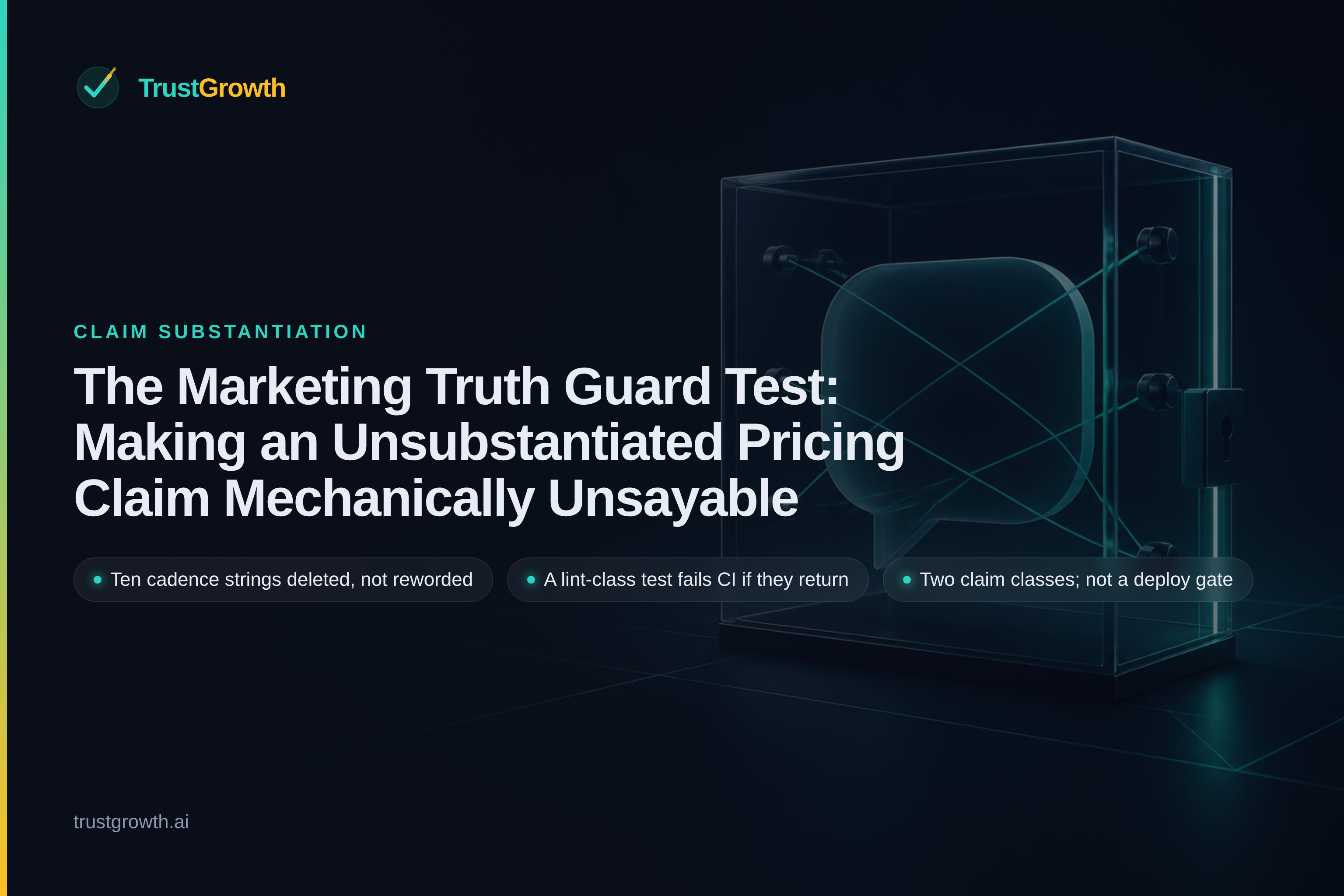 Branded cover for the article 'The Marketing Truth Guard Test: Making an Unsubstantiated Pricing Claim Mechanically Unsayable': TrustGrowth wordmark and title with callouts: Ten cadence strings deleted, not reworded, A lint-class test fails CI if they return, Two claim classes; not a deploy gate.