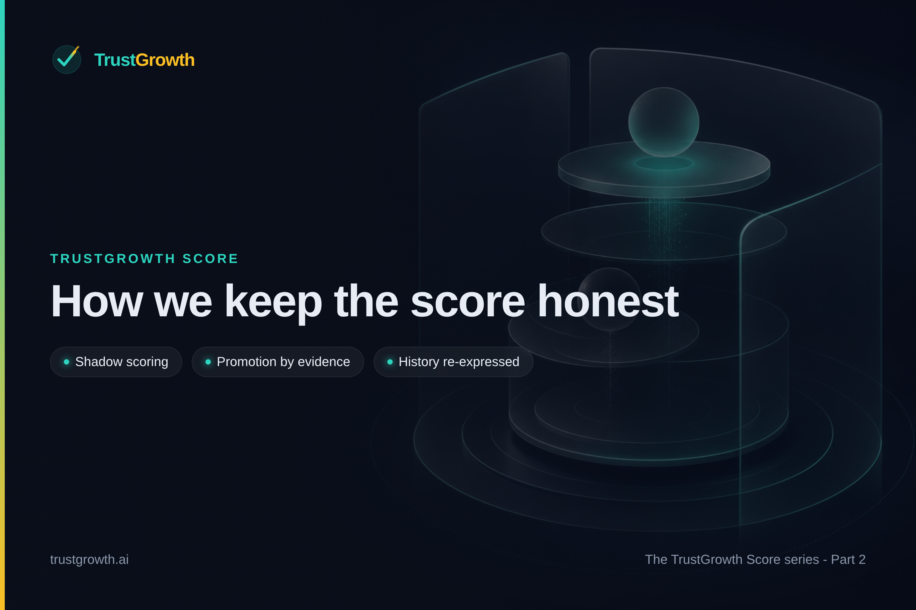 Branded cover: a glowing sphere on a raised platform with a second sphere waiting in shadow below, titled 'How we keep the score honest'