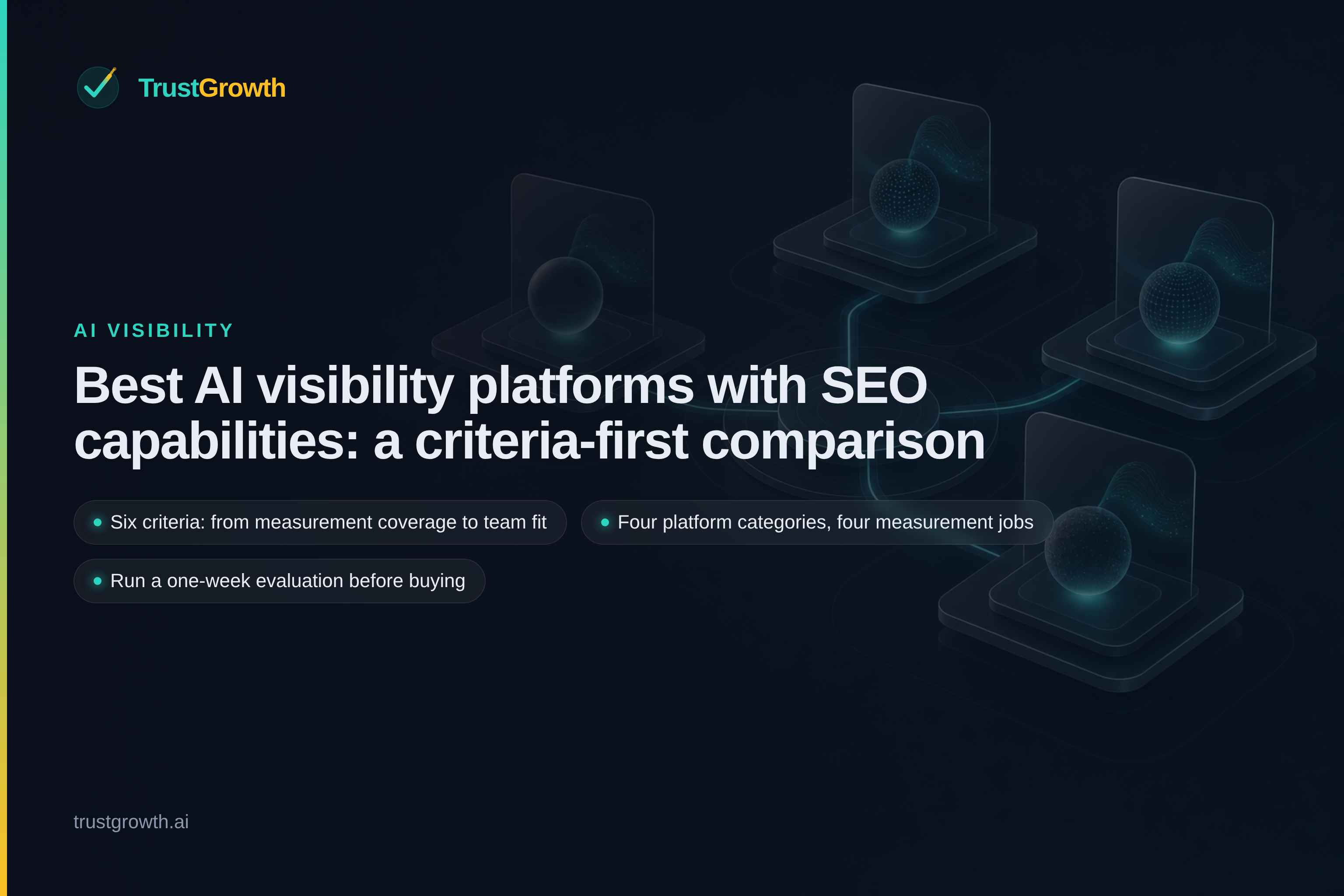 Branded cover for the article 'Best AI visibility platforms with SEO capabilities: a criteria-first comparison': TrustGrowth wordmark and title with callouts: Six criteria: from measurement coverage to team fit, Four platform categories, four measurement jobs, Run a one-week evaluation before buying.