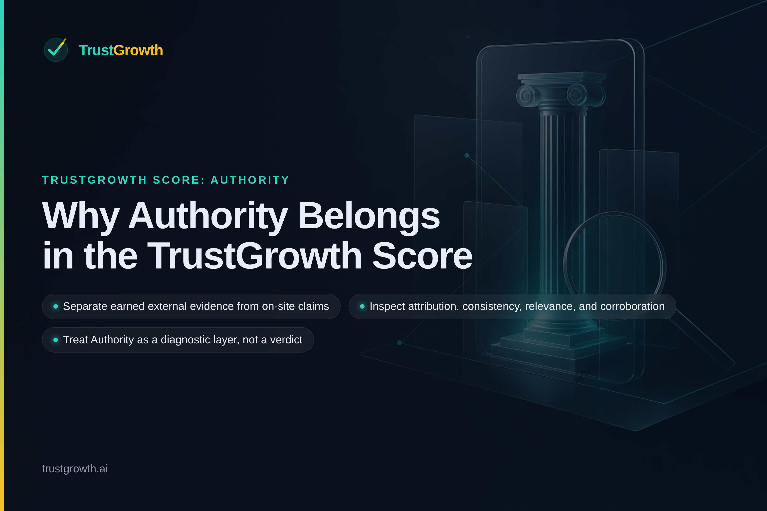 Branded cover for the article Why Authority Belongs in the TrustGrowth Score: separate earned external evidence from on-site claims; inspect attribution, consistency, relevance, and corroboration; treat Authority as a diagnostic layer, not a verdict.