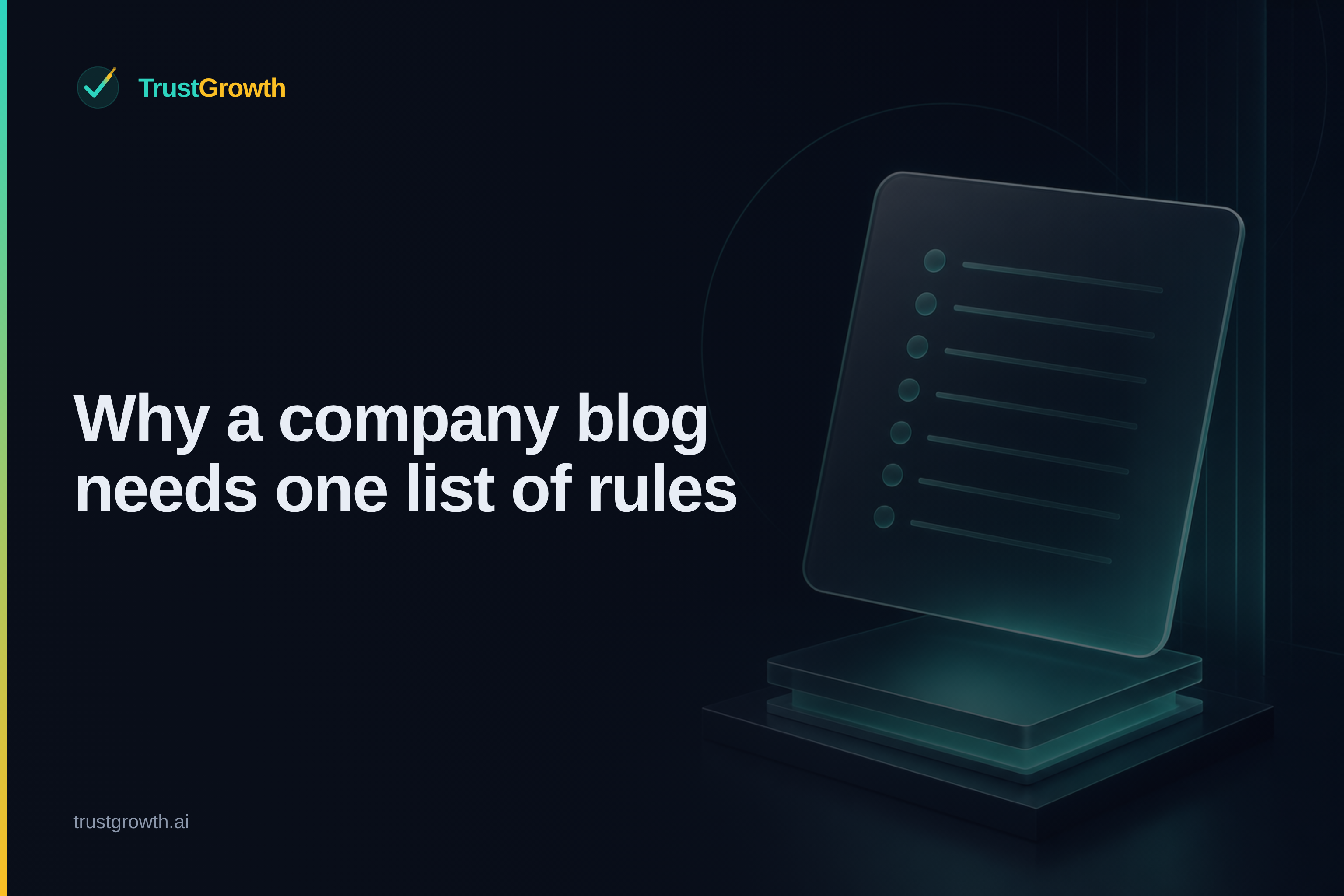 Branded cover for the article 'Why a company blog needs one list of rules': TrustGrowth wordmark and title.