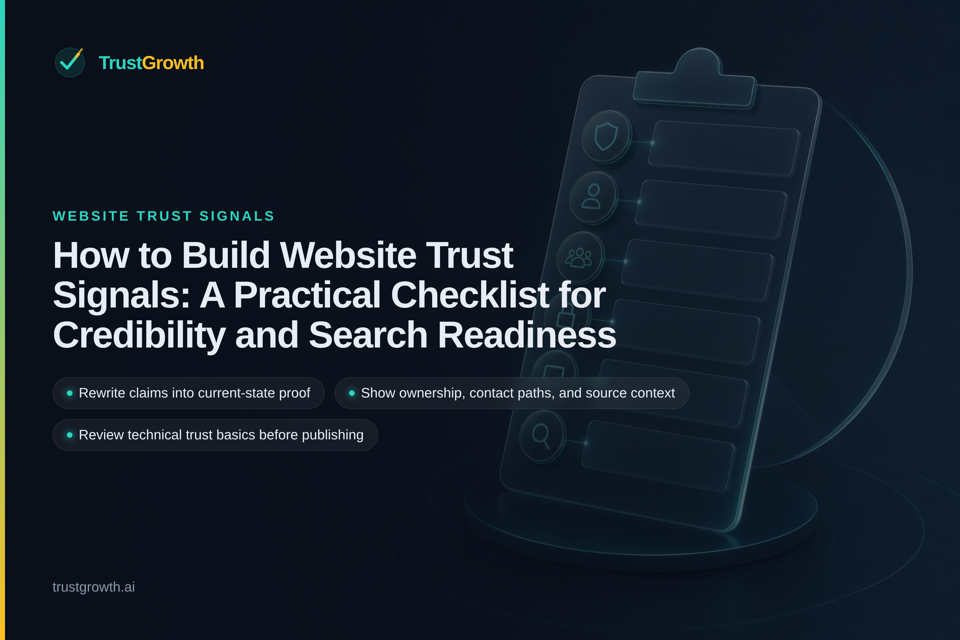 Branded cover for the article How to Build Website Trust Signals: A Practical Checklist for Credibility and Search Readiness: TrustGrowth wordmark and title with callouts about current-state proof, ownership context, and technical trust basics.