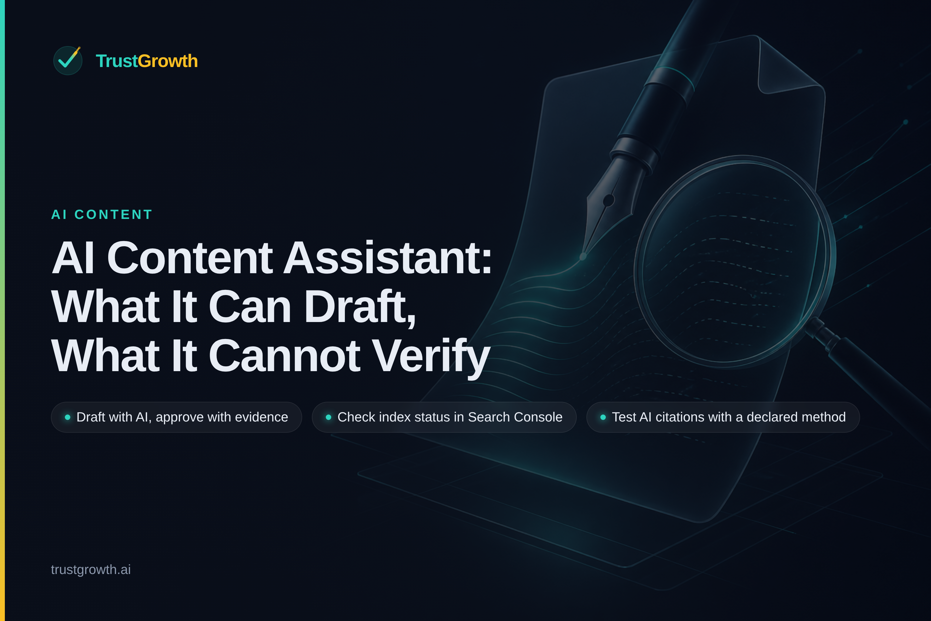 Branded cover for the article 'AI Content Assistant: What It Can Draft, What It Cannot Verify': TrustGrowth wordmark and title with callouts: Draft with AI, approve with evidence, Check index status in Search Console, Test AI citations with a declared method.
