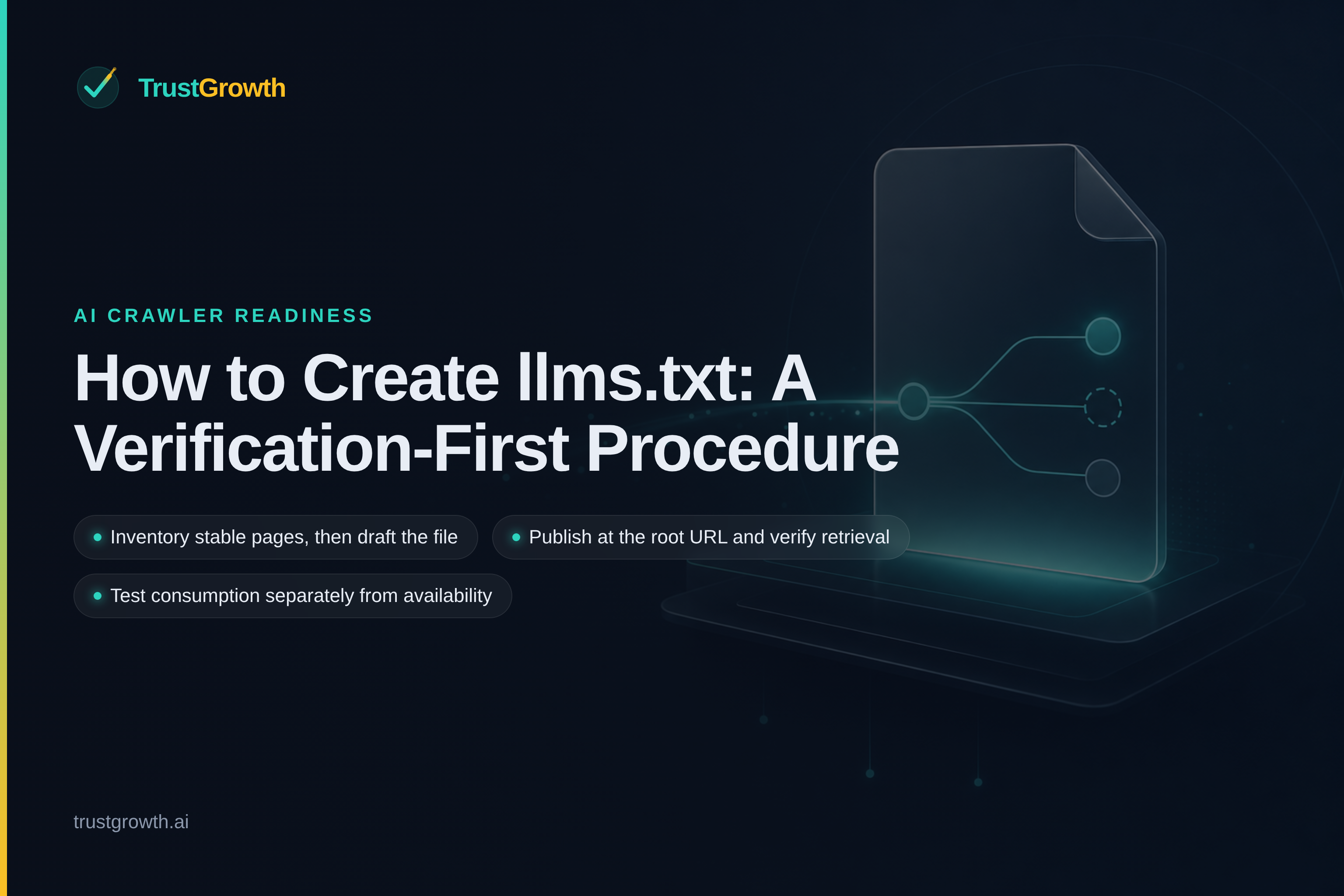Branded cover for the article 'How to Create llms.txt: A Verification-First Procedure': TrustGrowth wordmark and title with callouts: Inventory stable pages, then draft the file, Publish at the root URL and verify retrieval, Test consumption separately from availability.