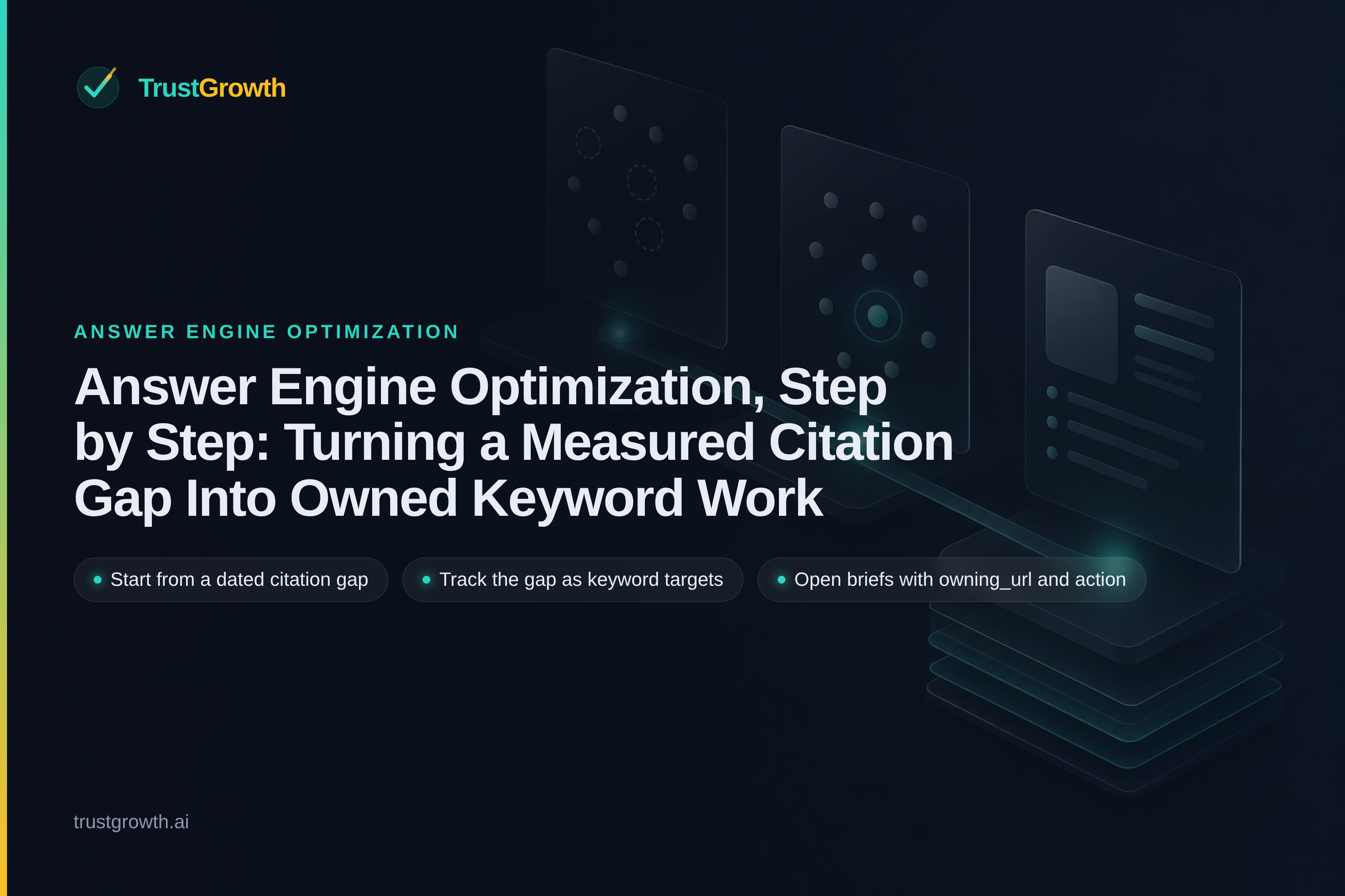 Branded cover for the article 'Answer Engine Optimization, Step by Step: Turning a Measured Citation Gap Into Owned Keyword Work': TrustGrowth wordmark and title with callouts: Start from a dated citation gap, Track the gap as keyword targets, Open briefs with owning_url and action.