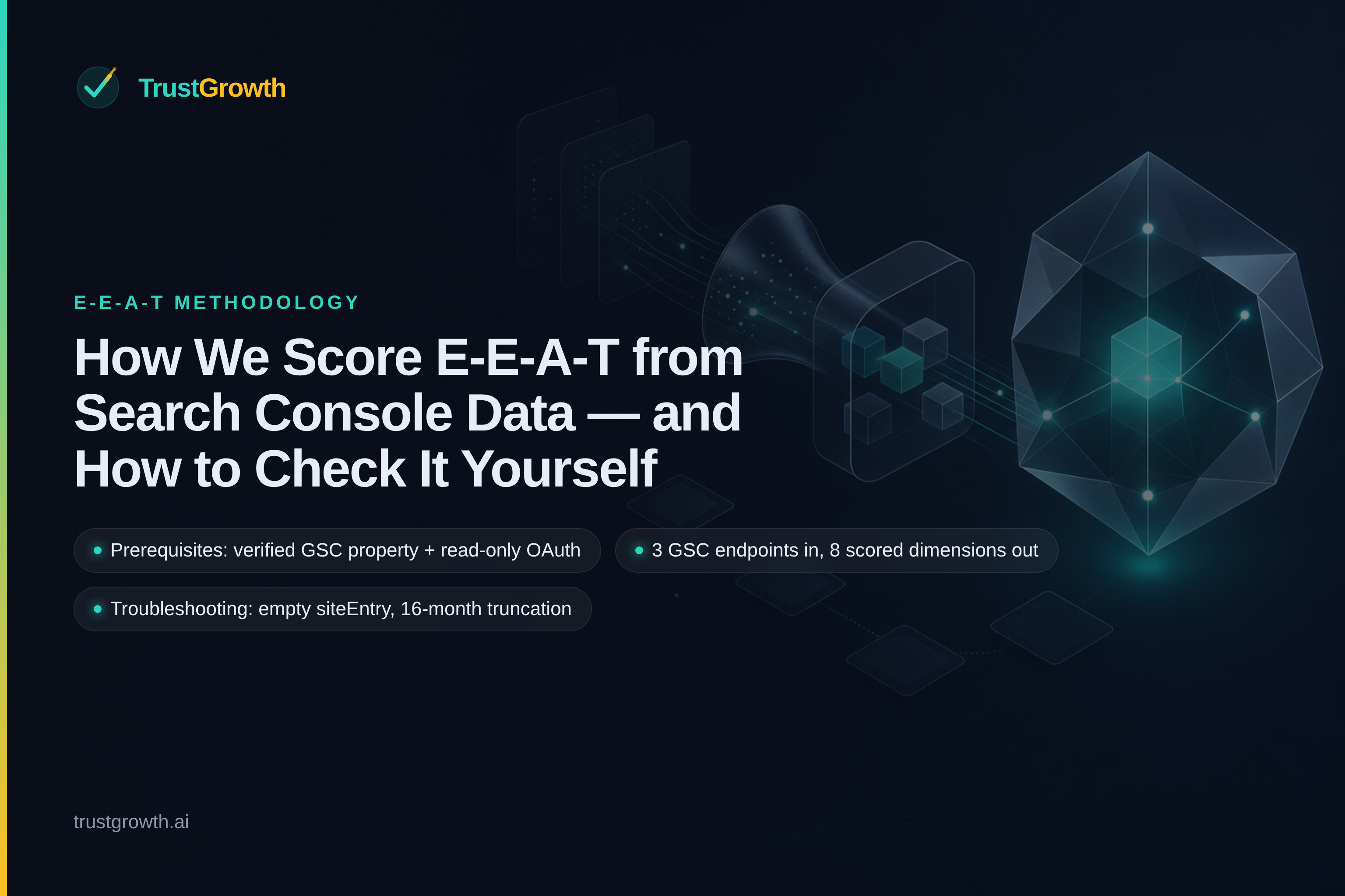 Branded cover for the article 'How We Score E-E-A-T from Search Console Data — and How to Check It Yourself': TrustGrowth wordmark and title with callouts: Prerequisites: verified GSC property + read-only OAuth, 3 GSC endpoints in, 8 scored dimensions out, Troubleshooting: empty siteEntry, 16-month truncation.
