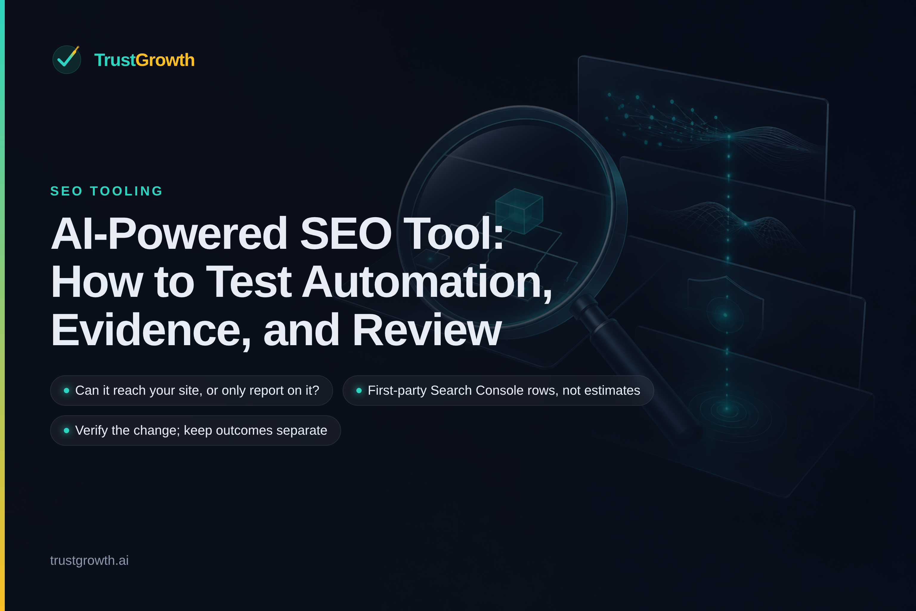 Branded cover for the article 'AI-Powered SEO Tool: How to Test Automation, Evidence, and Review': TrustGrowth wordmark and title with callouts: Can it reach your site, or only report on it?, First-party Search Console rows, not estimates, Verify the change; keep outcomes separate.