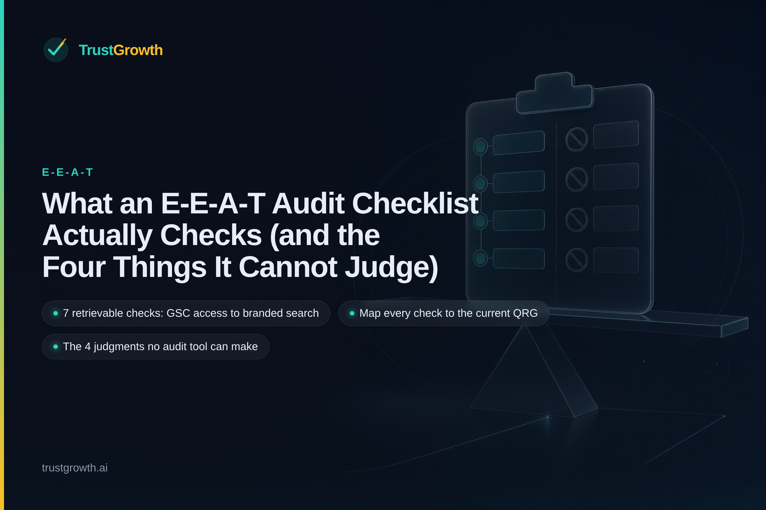 Branded cover for the article 'What an E-E-A-T Audit Checklist Actually Checks (and the Four Things It Cannot Judge)': TrustGrowth wordmark and title with callouts: 7 retrievable checks: GSC access to branded search, Map every check to the current QRG, The 4 judgments no audit tool can make.