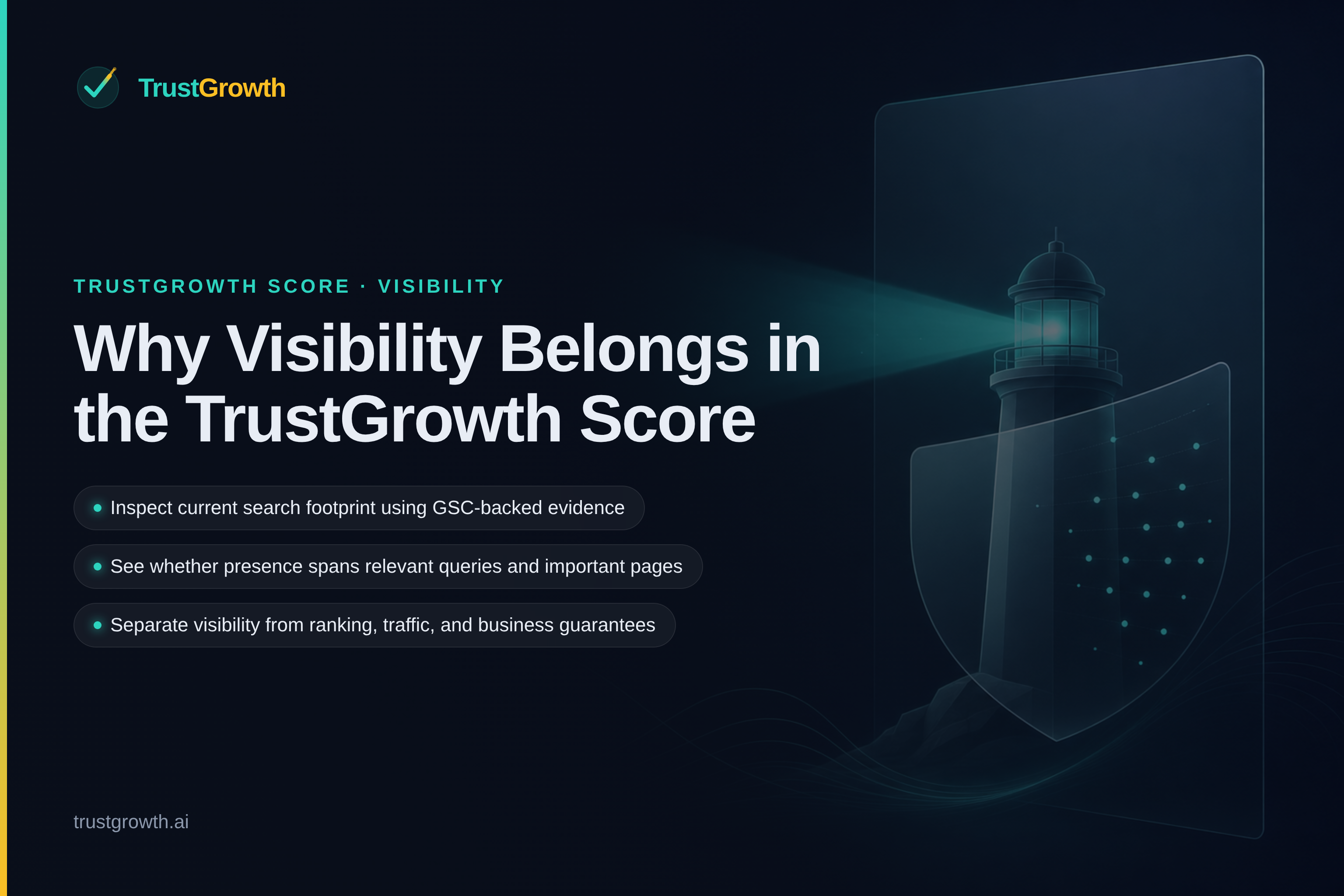 Branded cover for the article 'Why Visibility Belongs in the TrustGrowth Score': TrustGrowth wordmark and title with callouts: Inspect current search footprint using GSC-backed evidence, See whether presence spans relevant queries and important pages, Separate visibility from ranking, traffic, and business guarantees.