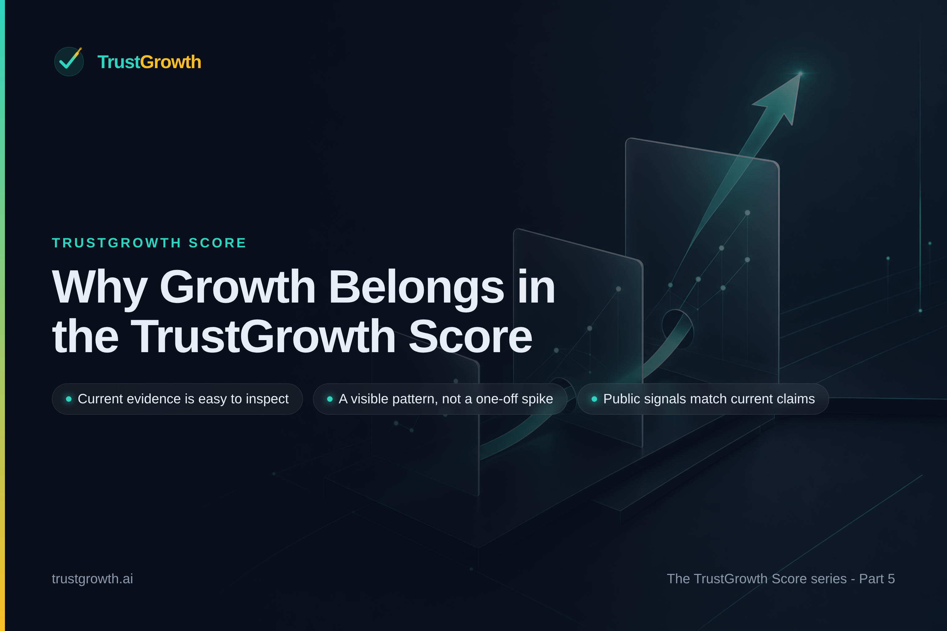 Branded TrustGrowth Score cover for Why Growth Belongs in the TrustGrowth Score, highlighting inspectable evidence, visible patterns, and claims matched by public signals.