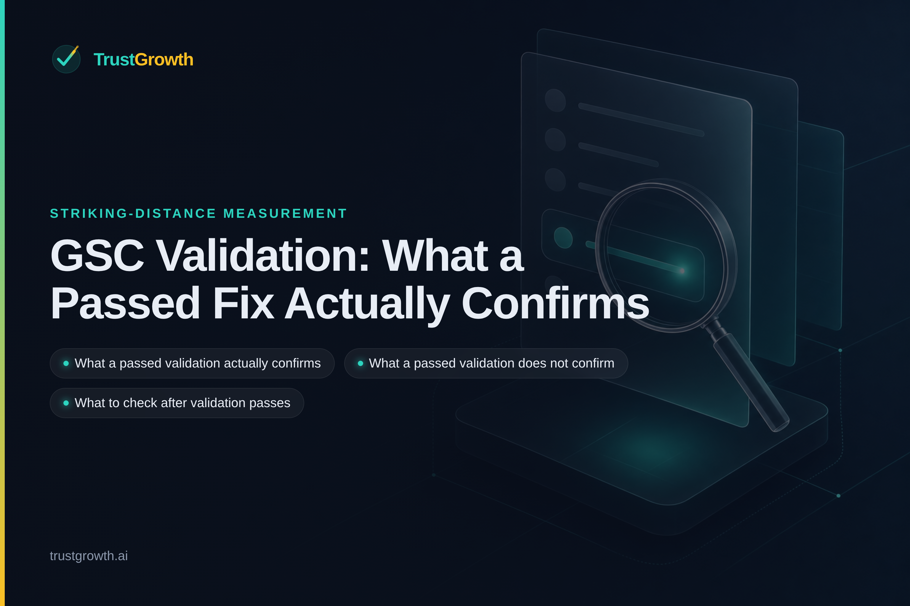 Branded cover for the article 'GSC Validation: What a Passed Fix Actually Confirms': TrustGrowth wordmark and title with callouts: What a passed validation actually confirms, What a passed validation does not confirm, What to check after validation passes.