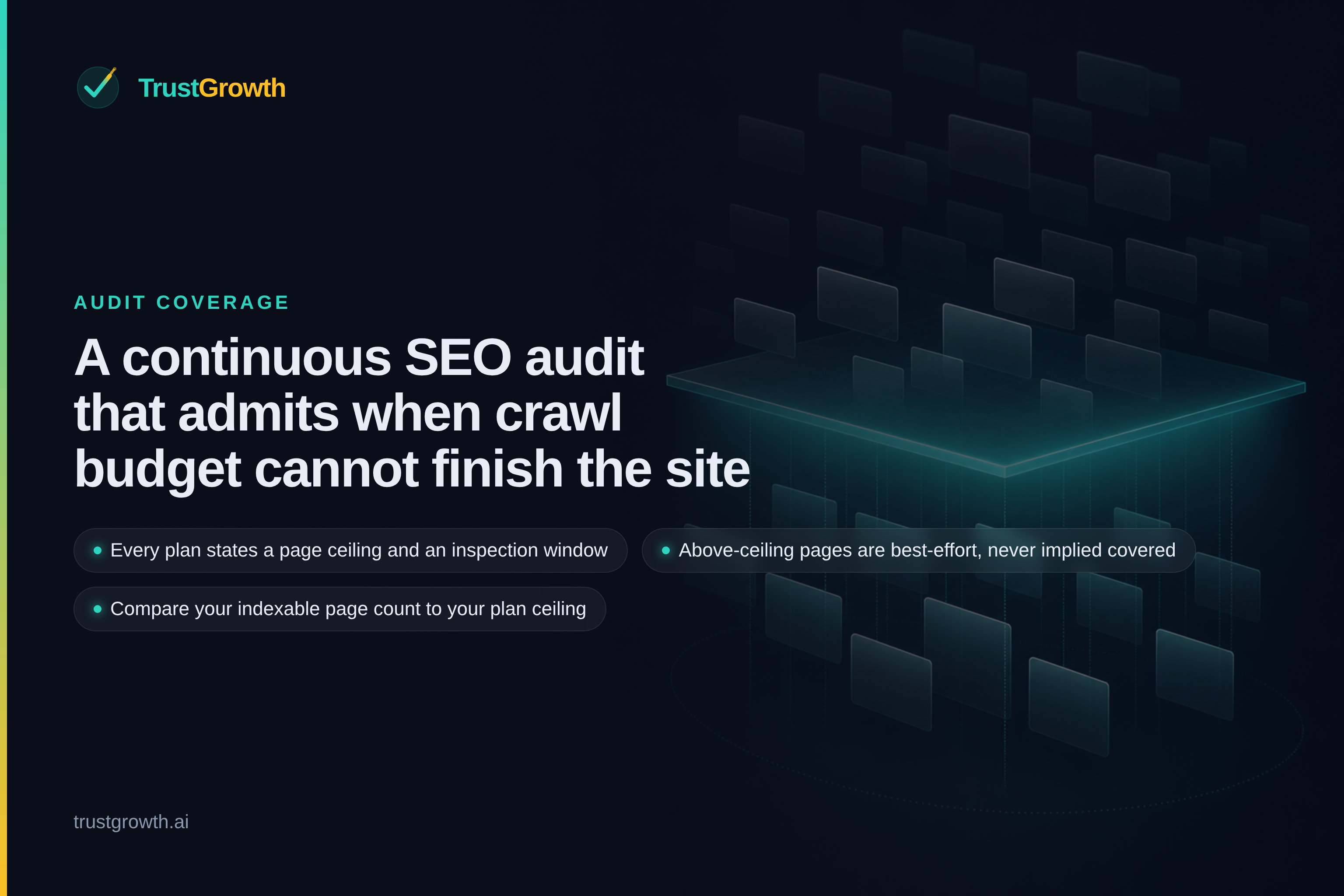 Branded cover for the article 'A continuous SEO audit that admits when crawl budget cannot finish the site': TrustGrowth wordmark and title with callouts: Every plan states a page ceiling and an inspection window, Above-ceiling pages are best-effort, never implied covered, Compare your indexable page count to your plan ceiling.