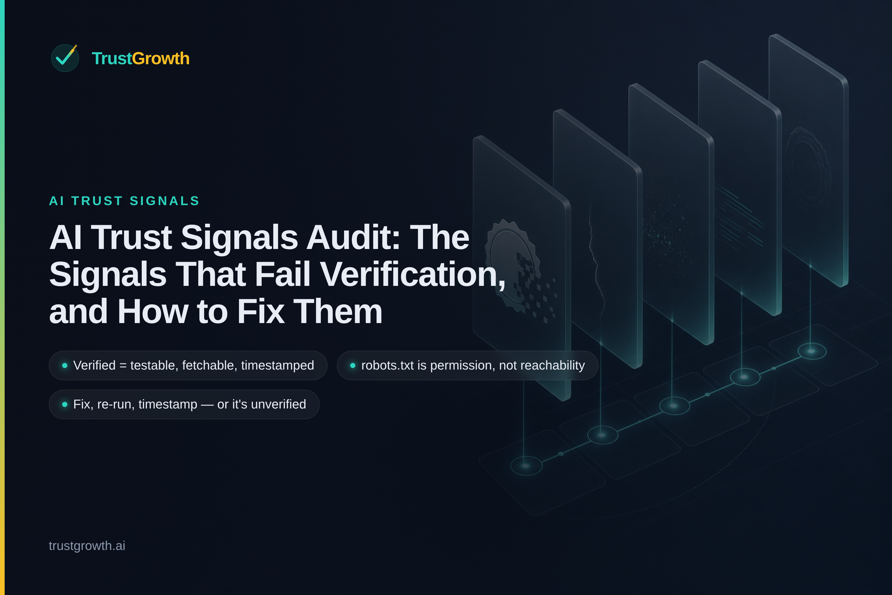 Cover image for the article 'AI Trust Signals Audit: The Signals That Fail Verification, and How to Fix Them'. Eyebrow reads 'AI Trust Signals'; three callout chips read 'Verified = testable, fetchable, timestamped', 'robots.txt is permission, not reachability', and 'Fix, re-run, timestamp — or it's unverified'.