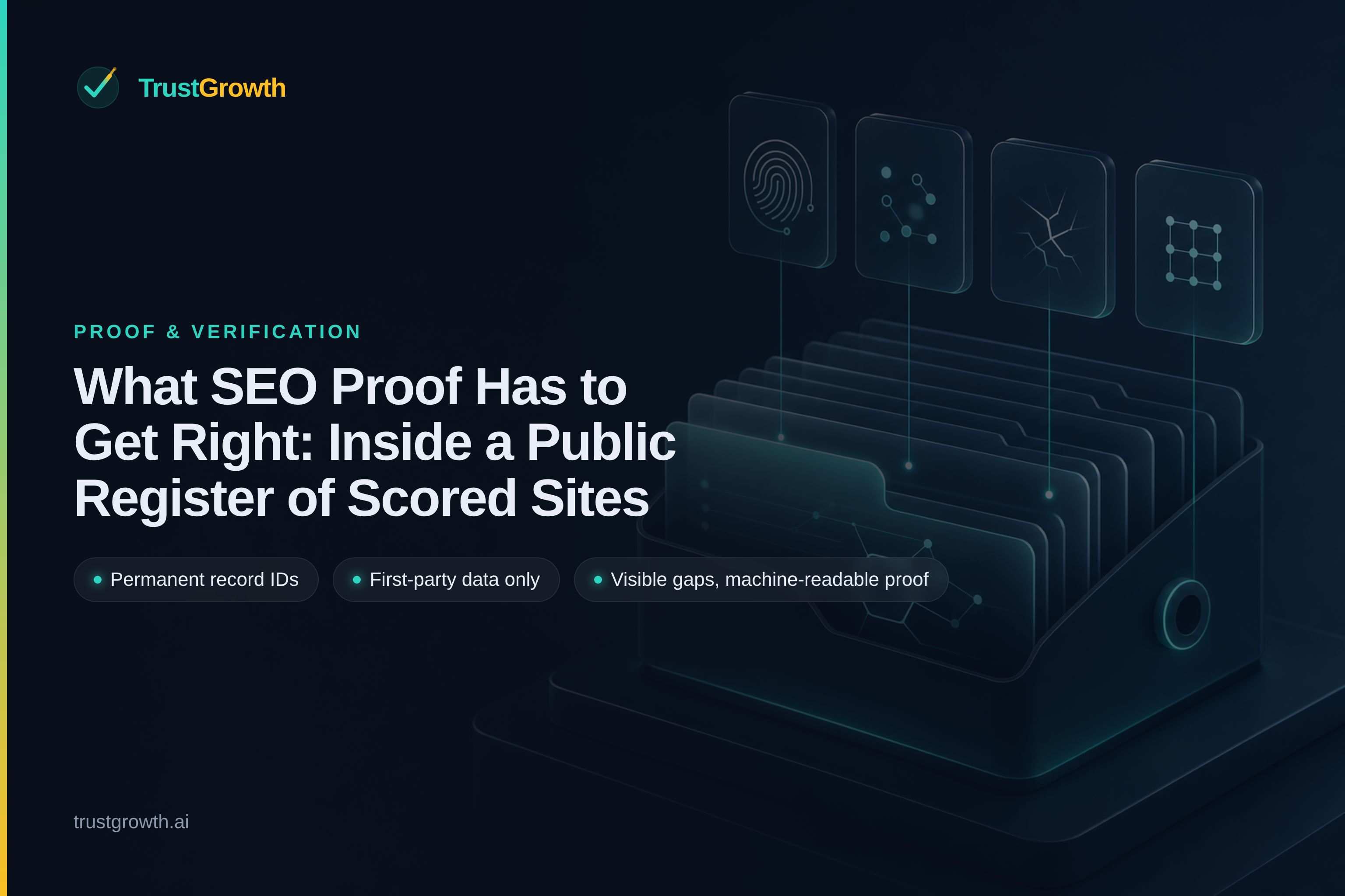 Branded TrustGrowth cover for an article explaining four requirements for checkable SEO proof: permanent record IDs, first-party data, visible weak spots, and machine-readable records.