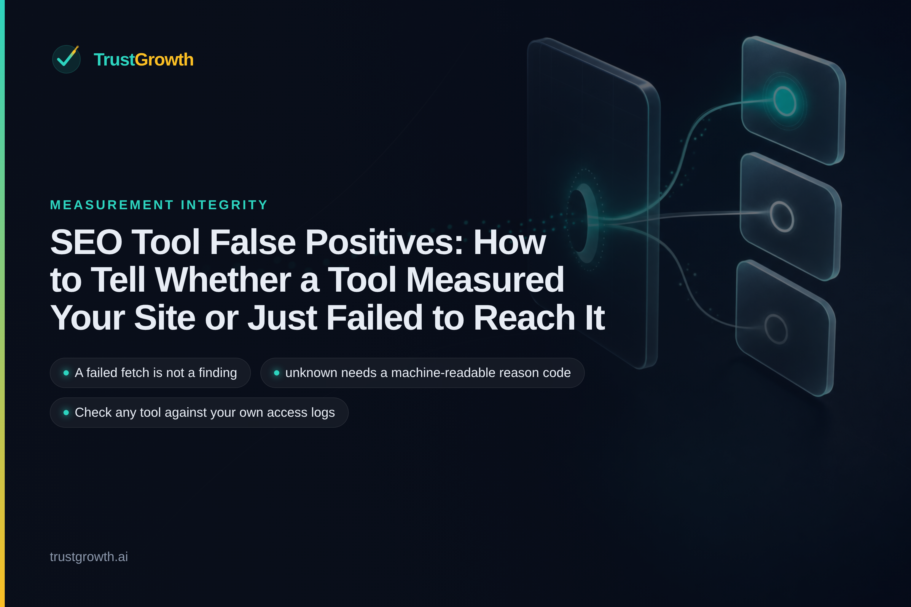Branded cover for the article 'SEO Tool False Positives: How to Tell Whether a Tool Measured Your Site or Just Failed to Reach It': TrustGrowth wordmark and title with callouts: A failed fetch is not a finding, unknown needs a machine-readable reason code, Check any tool against your own access logs.