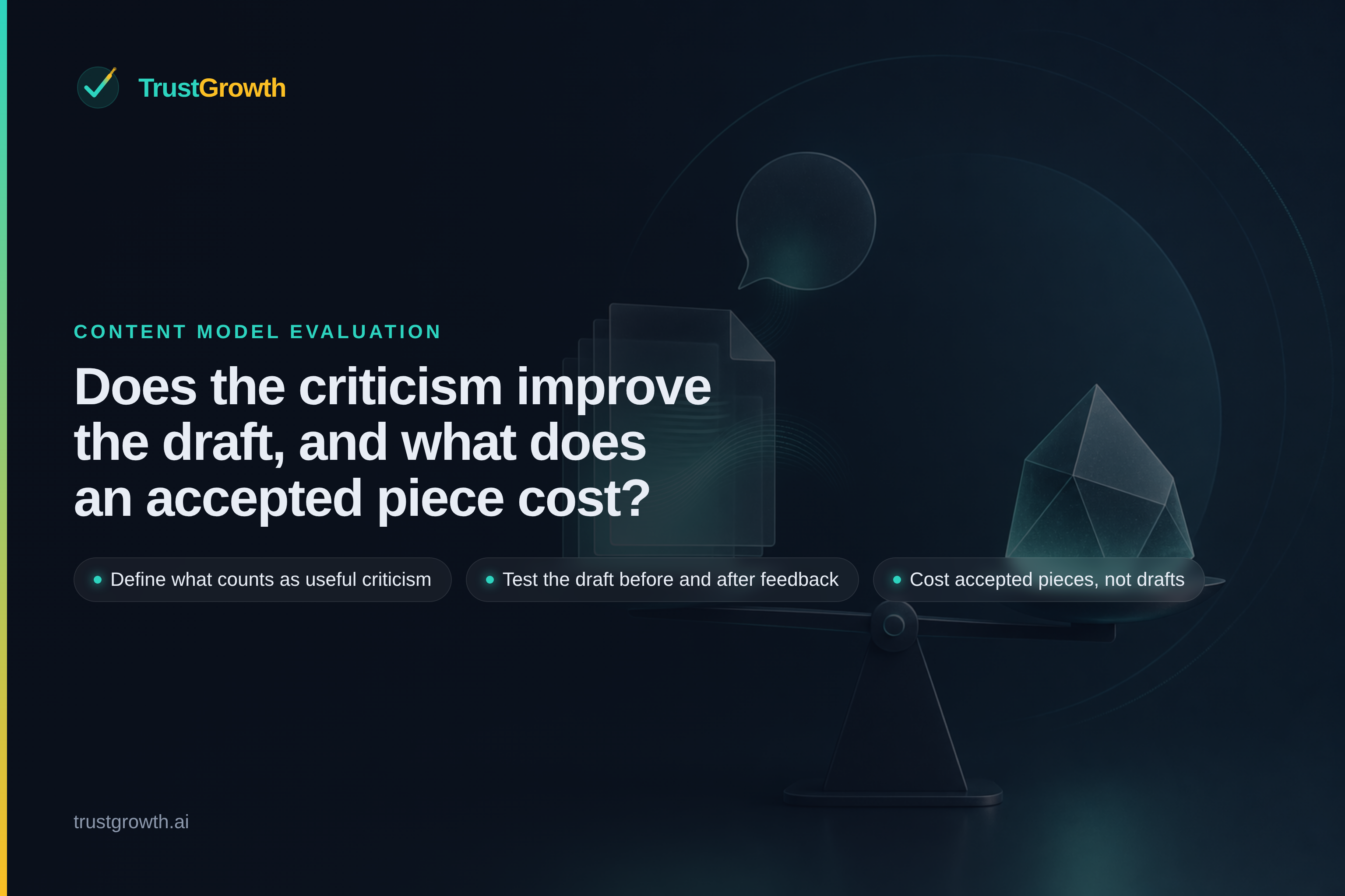 Branded cover for the article 'Does the criticism improve the draft, and what does an accepted piece cost?': TrustGrowth wordmark and title with callouts: Define what counts as useful criticism, Test the draft before and after feedback, Cost accepted pieces, not drafts.