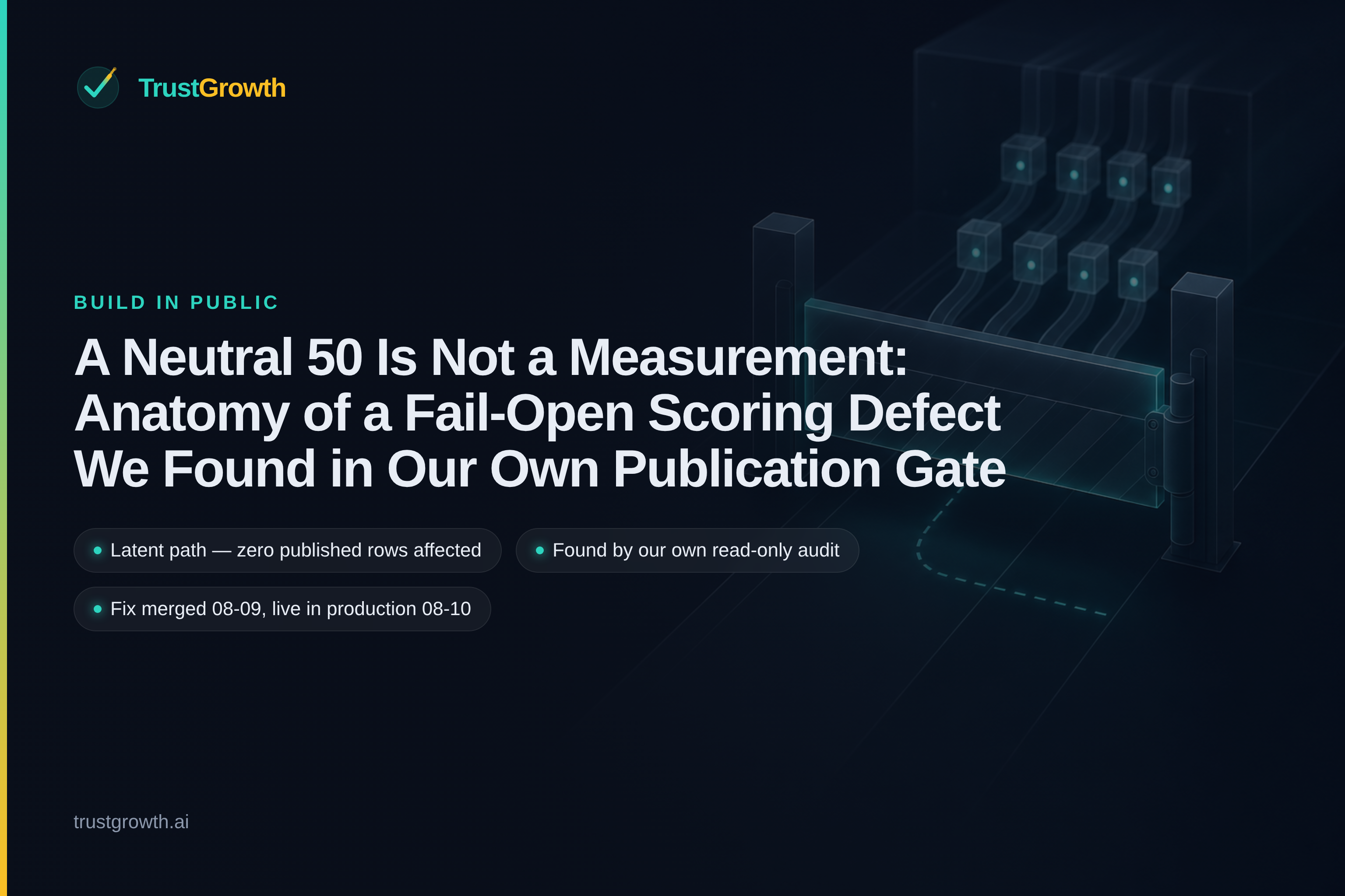 Branded cover for the article 'A Neutral 50 Is Not a Measurement: Anatomy of a Fail-Open Scoring Defect We Found in Our Own Publication Gate': TrustGrowth wordmark and title with callouts: Latent path — zero published rows affected, Found by our own read-only audit, Fix merged 08-09, live in production 08-10.