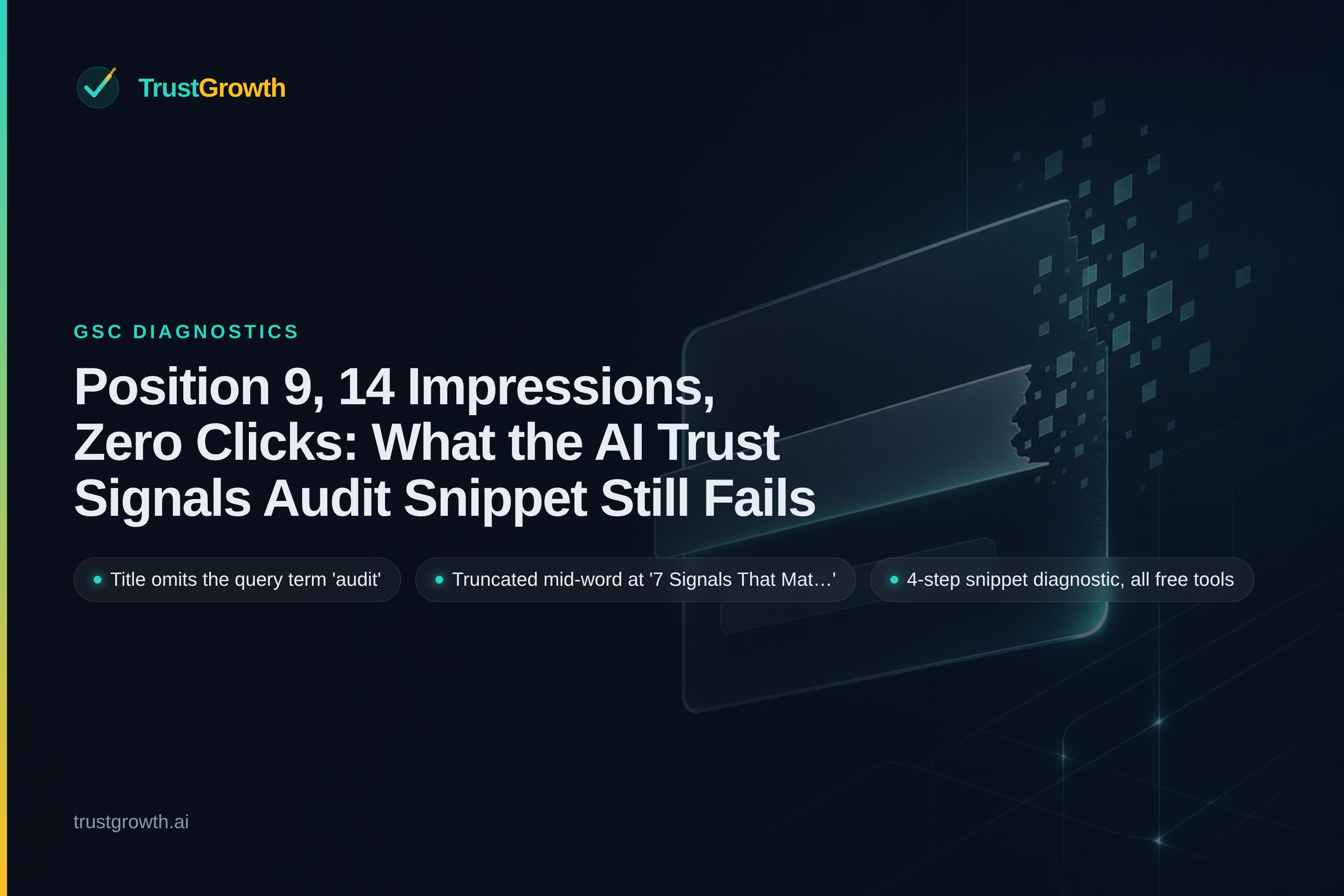 Branded cover for the article 'Position 9, 14 Impressions, Zero Clicks: What the AI Trust Signals Audit Snippet Still Fails': TrustGrowth wordmark and title with callouts: Title omits the query term 'audit', Truncated mid-word at '7 Signals That Mat…', 4-step snippet diagnostic, all free tools.