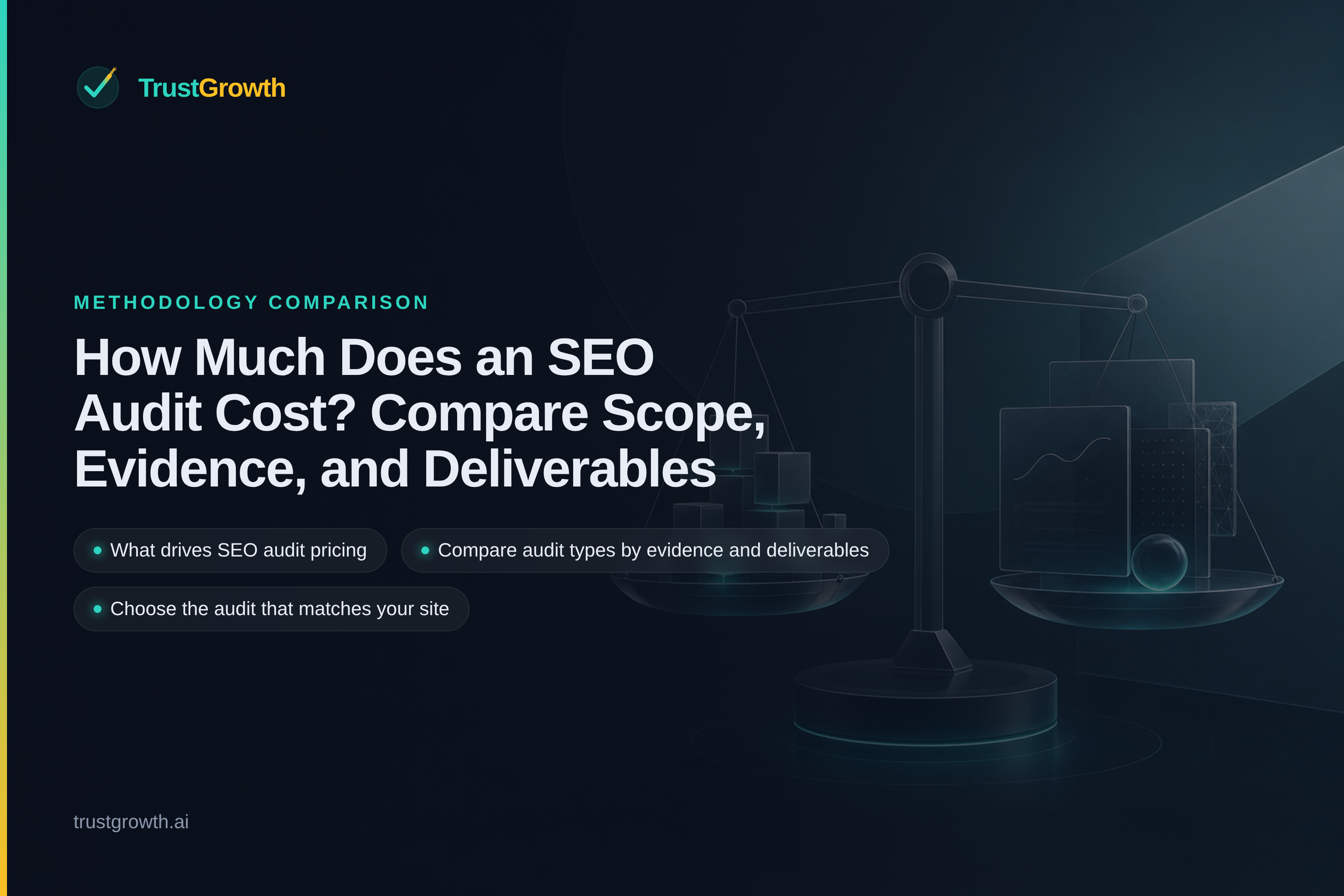 Branded cover for the article 'How Much Does an SEO Audit Cost? Compare Scope, Evidence, and Deliverables': TrustGrowth wordmark and title with callouts: What drives SEO audit pricing, Compare audit types by evidence and deliverables, Choose the audit that matches your site.