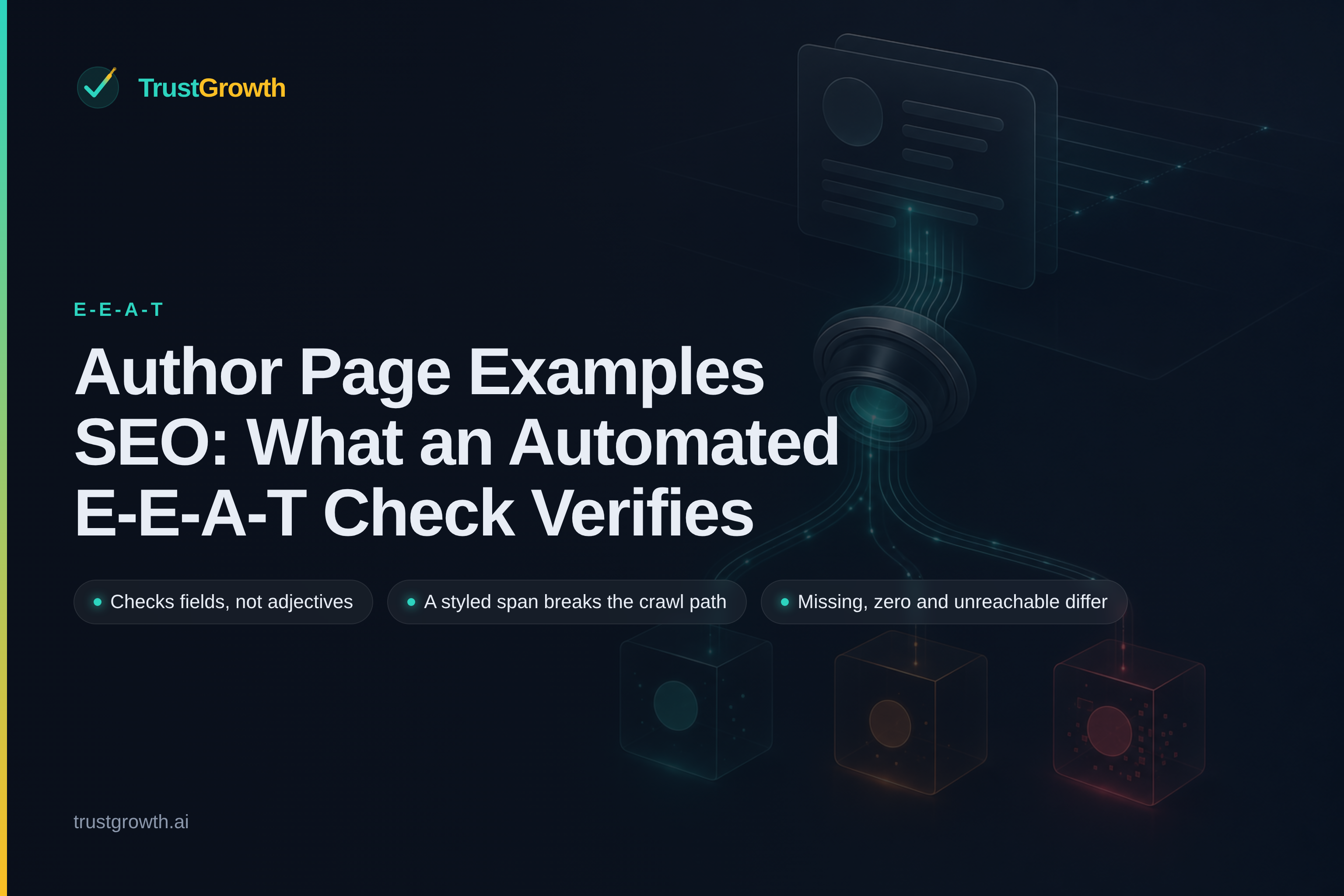 Branded cover for the article 'Author Page Examples SEO: What an Automated E-E-A-T Check Verifies': TrustGrowth wordmark and title with callouts: Checks fields, not adjectives, A styled span breaks the crawl path, Missing, zero and unreachable differ.