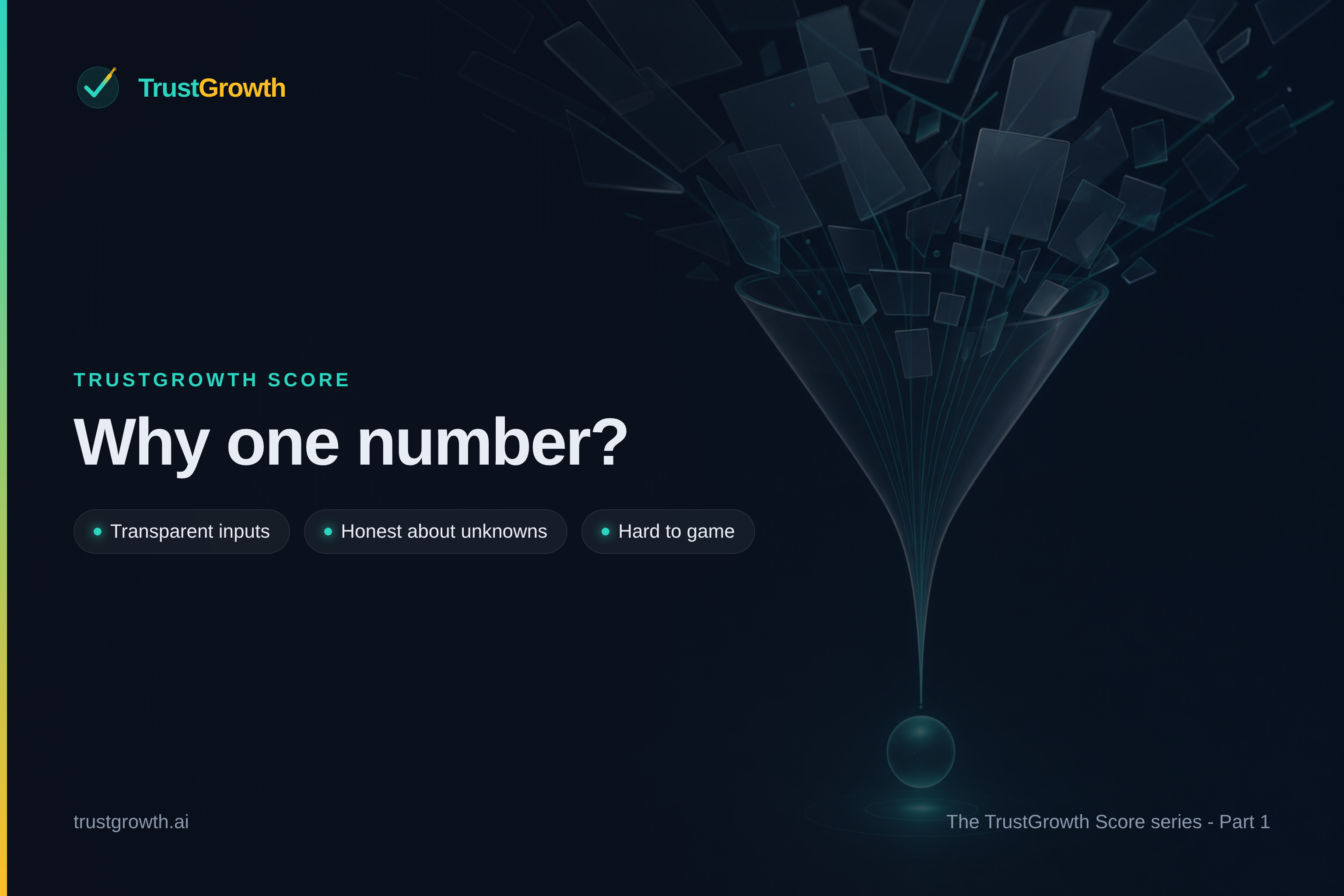 Branded cover: many abstract data panels funneling down into a single glowing sphere, titled 'Why one number?'