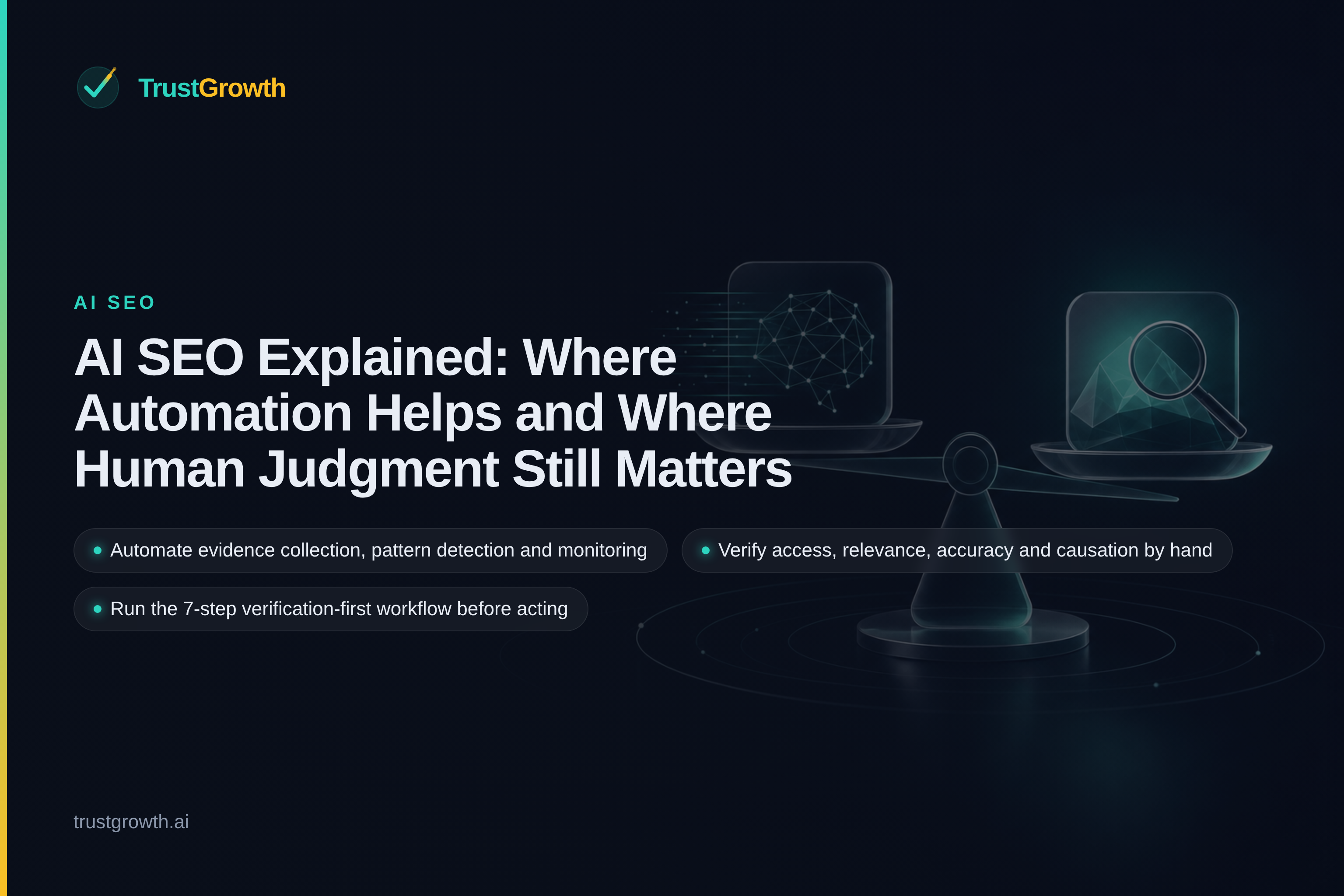 Branded cover for the article 'AI SEO Explained: Where Automation Helps and Where Human Judgment Still Matters': TrustGrowth wordmark and title.